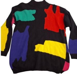 Vintage 90s Lambswool Angora Abstract Knit Sweater Color Block Tunic Size M